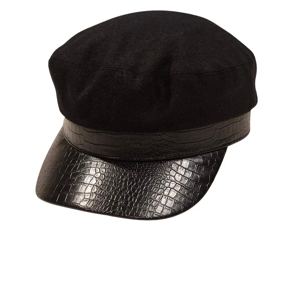 BCBGMAXAZRIA Black Wool Blend Baker Boy Hat Croc Embossed Faux Leather Trim OSFM